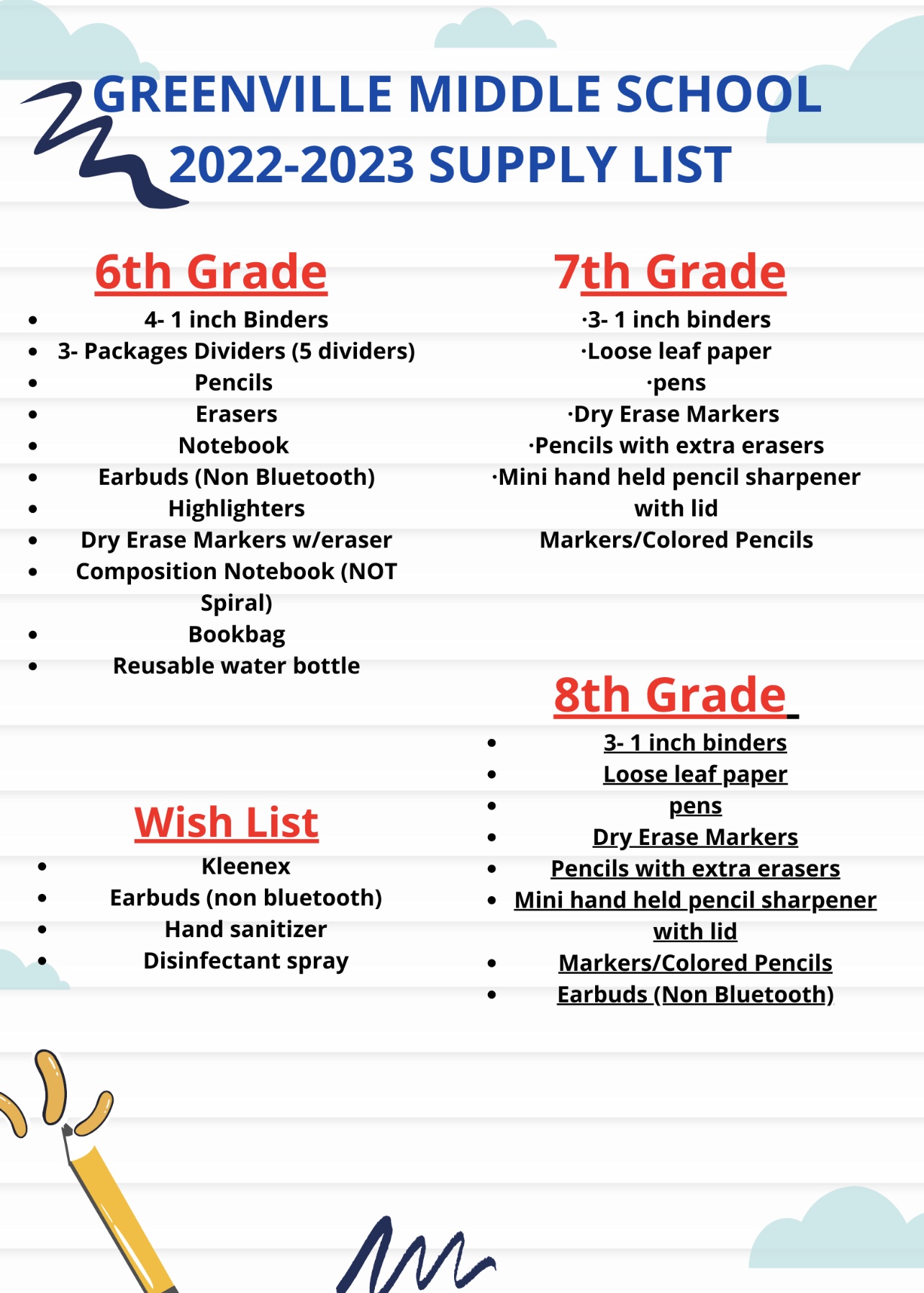 2022/23 School Supply List Greenville Middle School